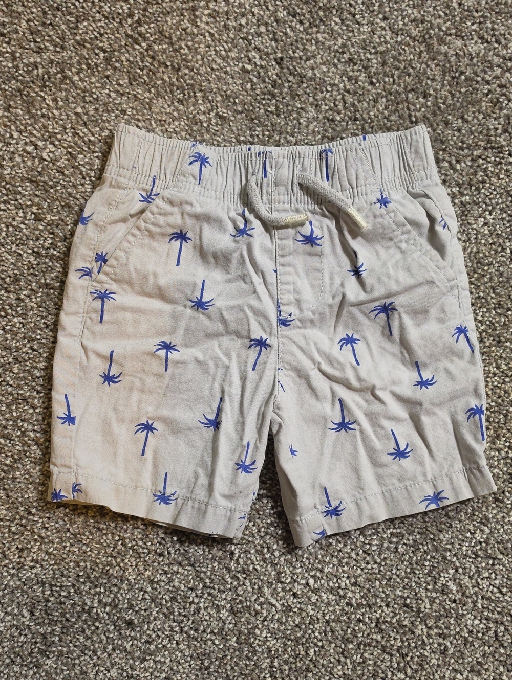 Falls Creek Beige Boys Flat-Front Shorts with Blue Palm Print
